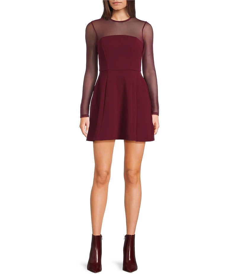 City Vibe Mesh Long Sleeve Fit And Flare Dress