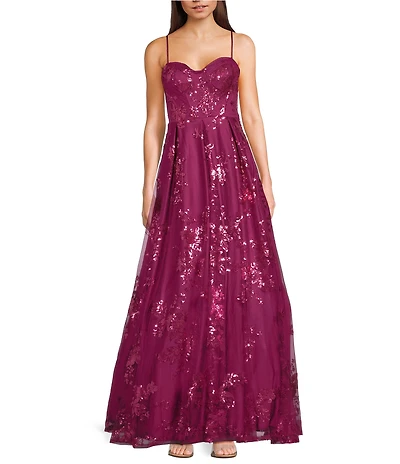 City Vibe Mesh Sequin Spaghetti Strap Sweetheart Neck Ballgown Dress