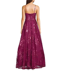 City Vibe Mesh Sequin Spaghetti Strap Sweetheart Neck Ballgown Dress