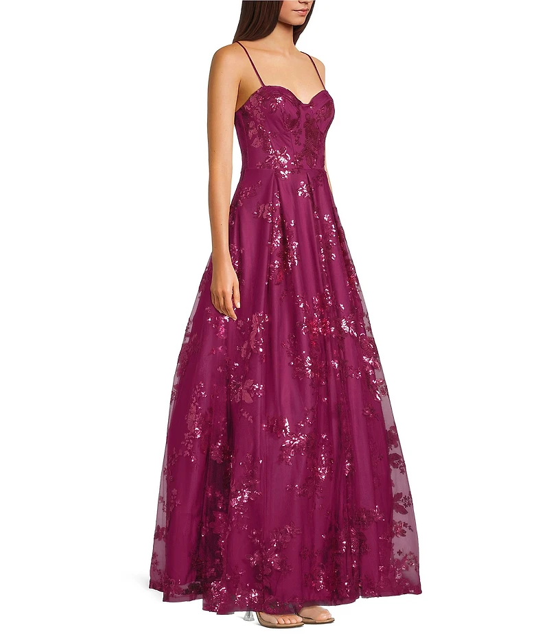 City Vibe Mesh Sequin Spaghetti Strap Sweetheart Neck Ballgown Dress
