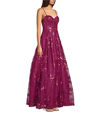 City Vibe Mesh Sequin Spaghetti Strap Sweetheart Neck Ballgown Dress
