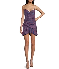 City Vibe Metallic Sweetheart Neck Ruched Drop Waist Ruffled Dress