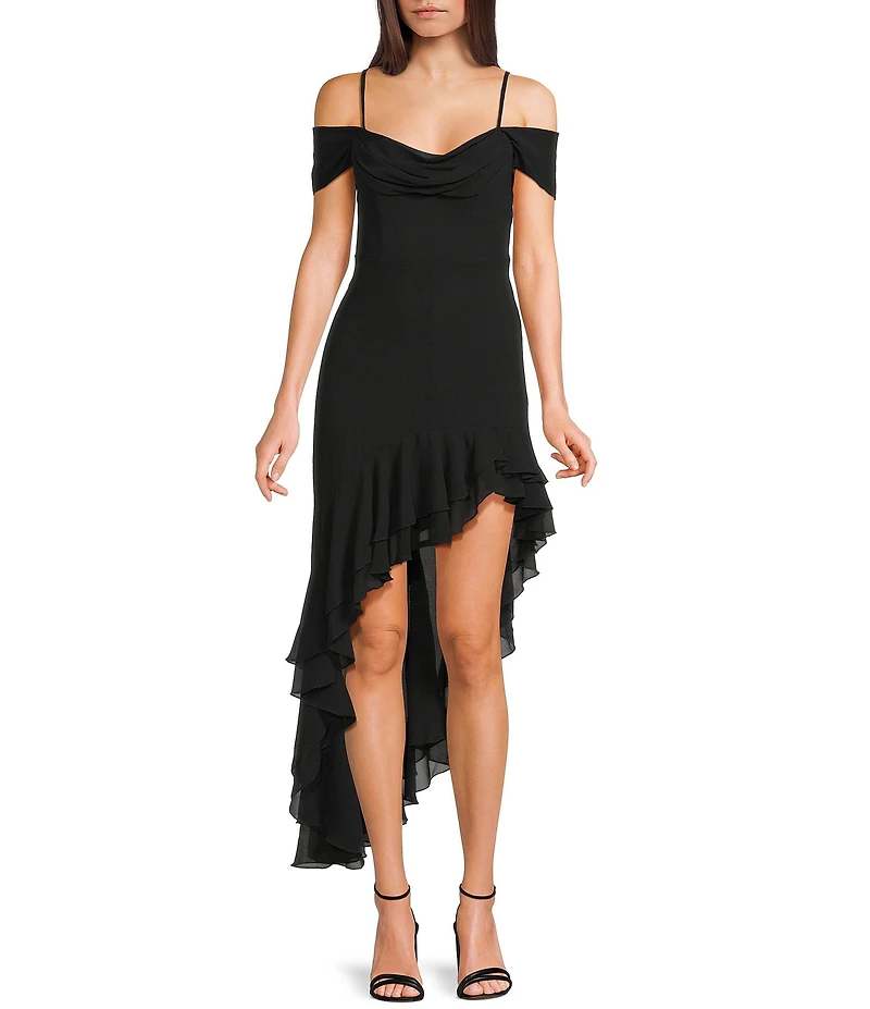 City Vibe Off The Shoulder Drape Chiffon Ruffle Hi-Lo Dress