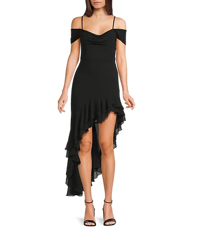 City Vibe Off The Shoulder Drape Chiffon Ruffle Hi-Lo Dress