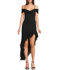 City Vibe Off The Shoulder Drape Chiffon Ruffle Hi-Lo Dress