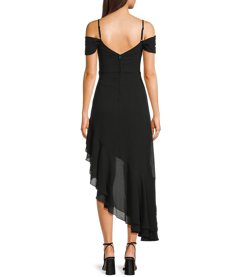 City Vibe Off The Shoulder Drape Chiffon Ruffle Hi-Lo Dress