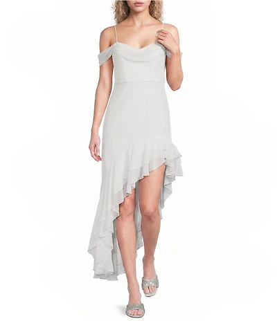 City Vibe Off The Shoulder Drape Chiffon Ruffle Hi-Low Dress