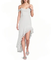 City Vibe Off The Shoulder Drape Chiffon Ruffle Hi-Low Dress