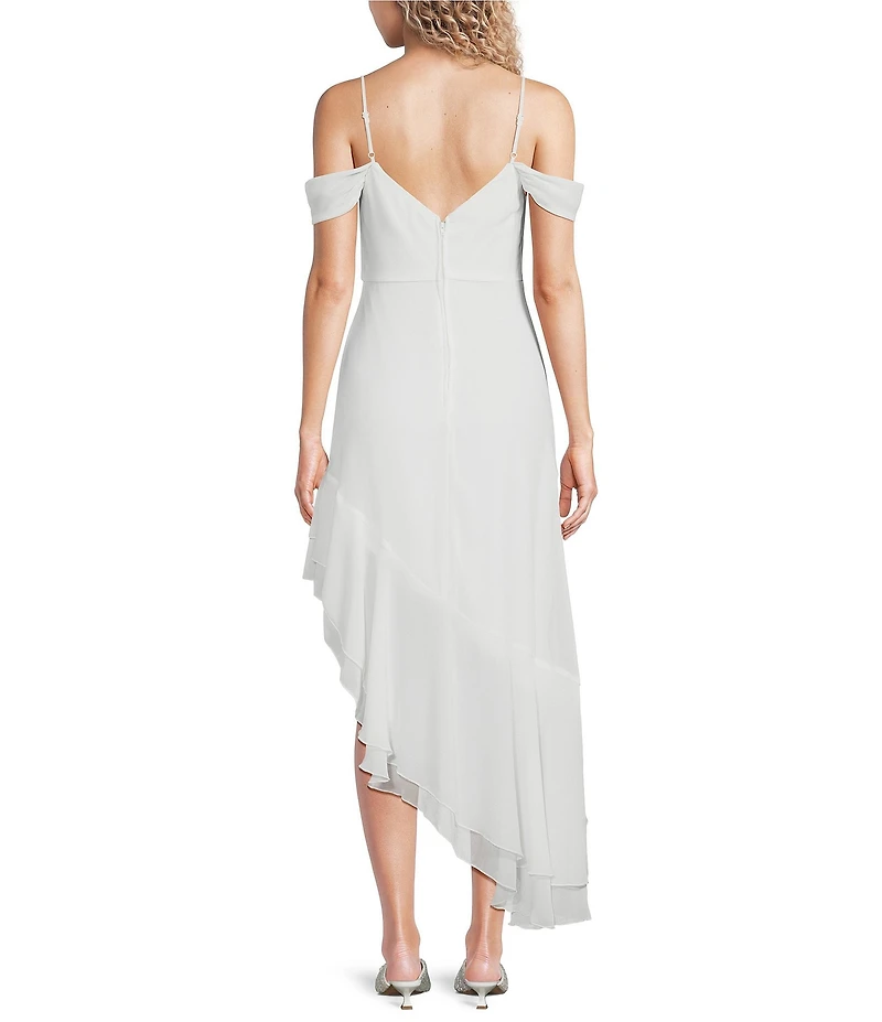 City Vibe Off The Shoulder Drape Chiffon Ruffle Hi-Low Dress