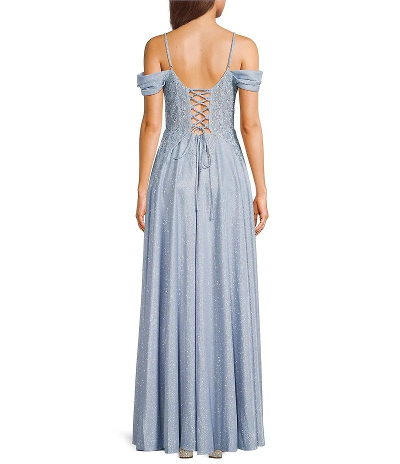 City Vibe Off-The-Shoulder Drape Neck Illusion Appliqued Waist Side Slit Lace Up Back Dress