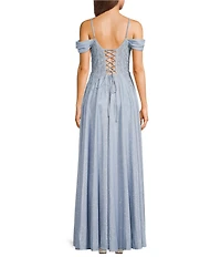 City Vibe Off-The-Shoulder Drape Neck Illusion Appliqued Waist Side Slit Lace Up Back Dress