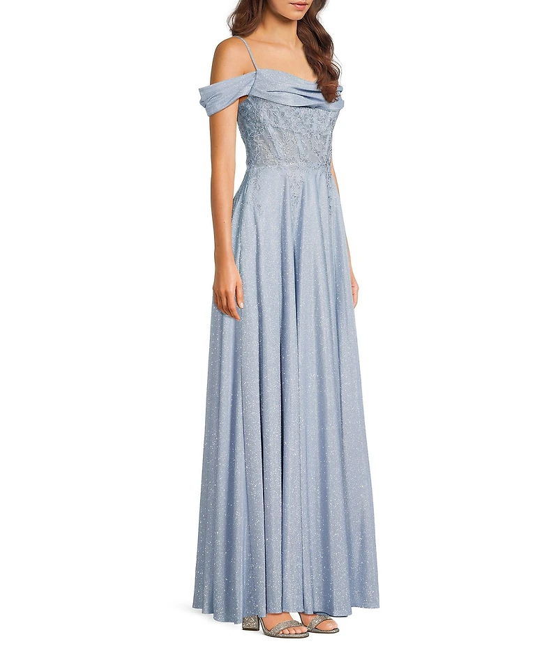City Vibe Off-The-Shoulder Drape Neck Illusion Appliqued Waist Side Slit Lace Up Back Dress
