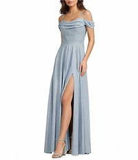 City Vibe Off-The-Shoulder Drape Neck Illusion Appliqued Waist Side Slit Lace Up Back Dress