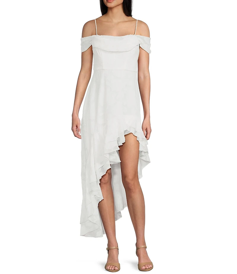 City Vibe Off The Shoulder Ruffled Asymmetrical Hem Midi Dress