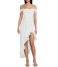 City Vibe Off The Shoulder Ruffled Asymmetrical Hem Midi Dress