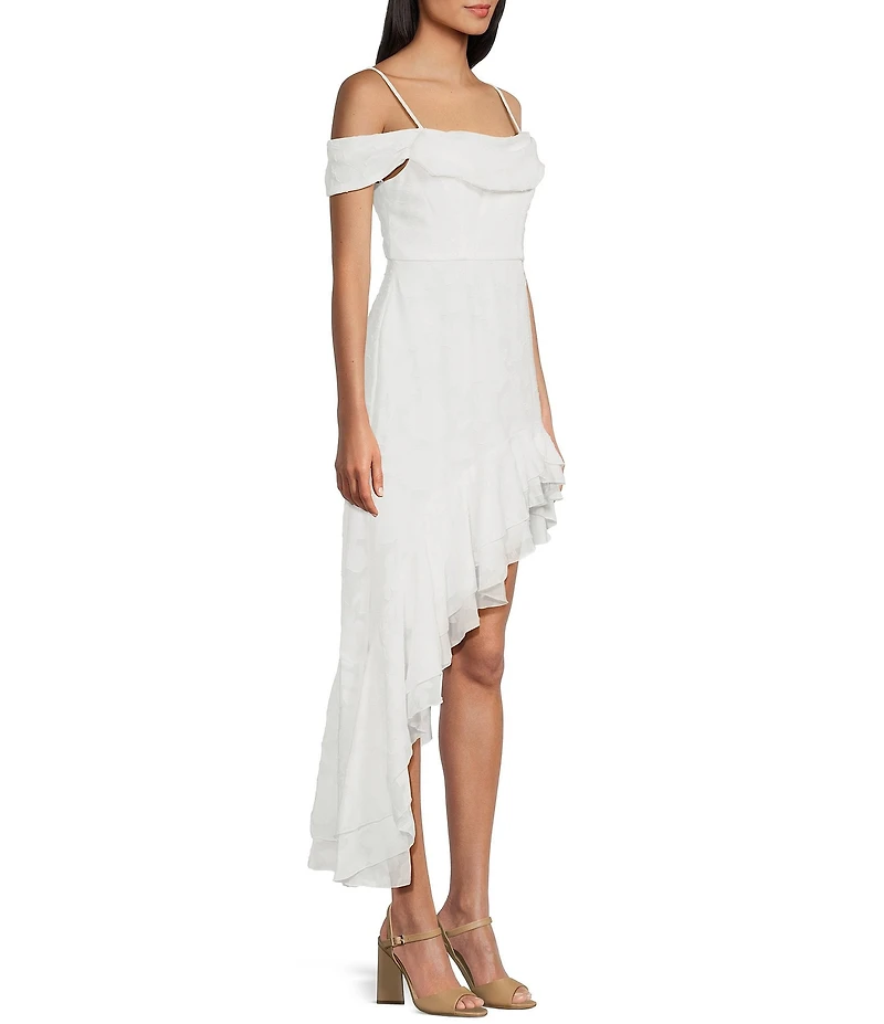 City Vibe Off The Shoulder Ruffled Asymmetrical Hem Midi Dress