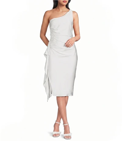 City Vibe One Shoulder Ruched Cascading Ruffle Dress