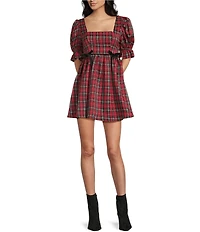 City Vibe Plaid Square Neck Puff Sleeve Velvet Bow Front Smocked Back Dress