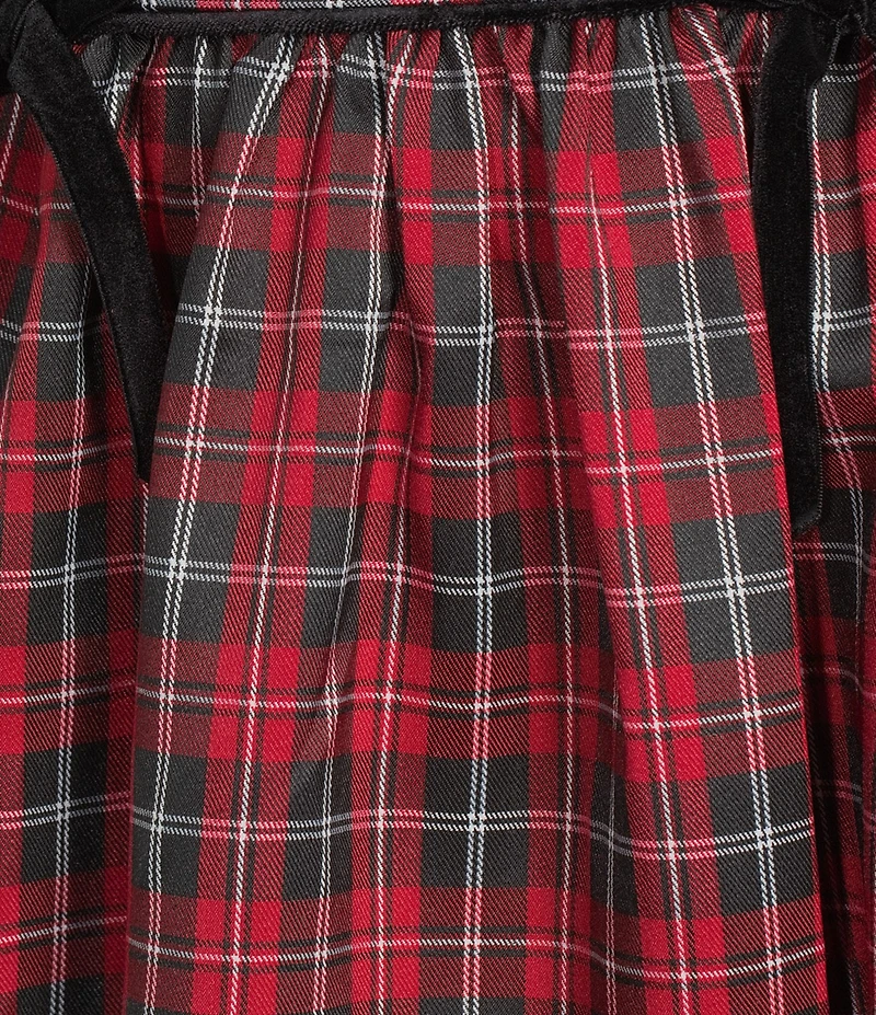 City Vibe Plaid Square Neck Puff Sleeve Velvet Bow Front Smocked Back Dress