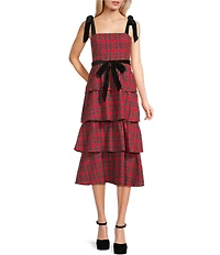 City Vibe Plaid Velvet Tie Shoulder & Sash Tiered Midi Dress