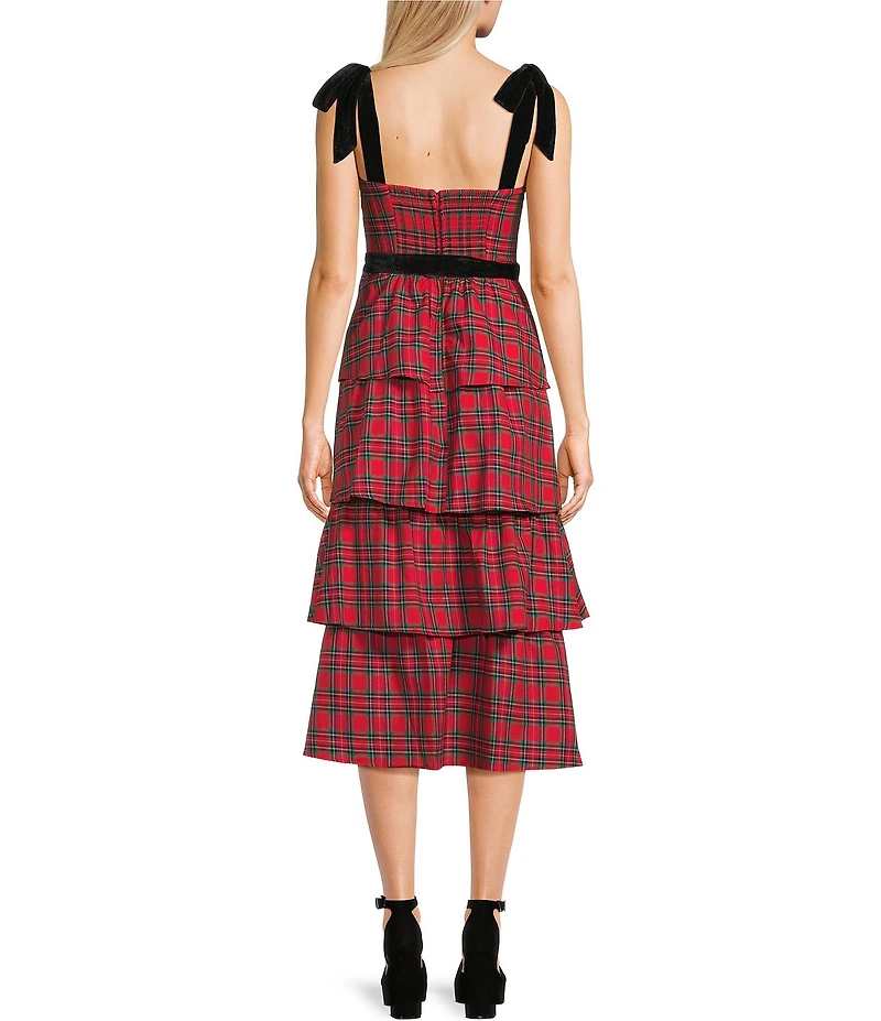 City Vibe Plaid Velvet Tie Shoulder & Sash Tiered Midi Dress