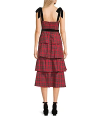 City Vibe Plaid Velvet Tie Shoulder & Sash Tiered Midi Dress