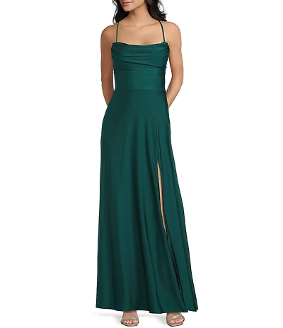 City Vibe Pleated Drape Neck Spaghetti Strap Tie Back Front Slit Gown