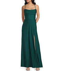City Vibe Pleated Drape Neck Spaghetti Strap Tie Back Front Slit Gown