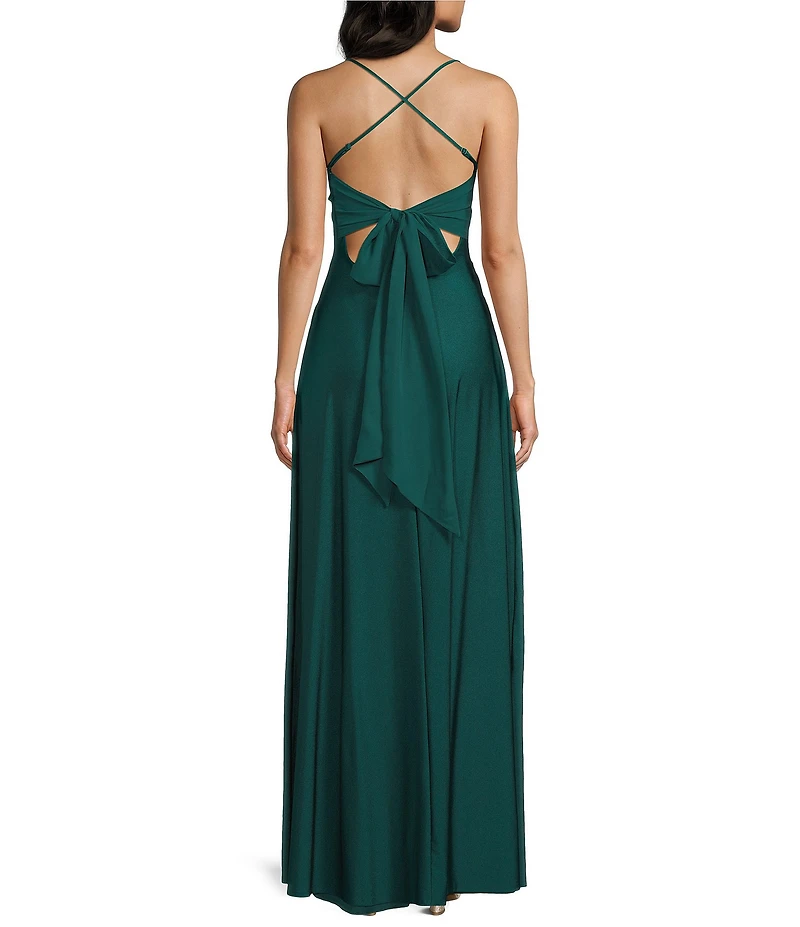 City Vibe Pleated Drape Neck Spaghetti Strap Tie Back Front Slit Gown