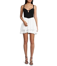 City Vibe Plunge Neck Sleeveless Corset Bodice 2-Tone Layered Dress