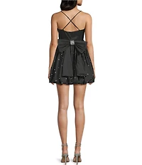 City Vibe Plunge Sweetheart Neck Bow Back Rhinestone Bubble Dress