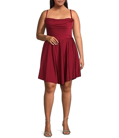 City Vibe Plus Size Drape Neck Lace Illusion Back Skater Dress