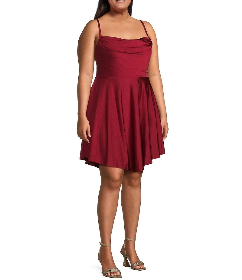 City Vibe Plus Size Drape Neck Lace Illusion Back Skater Dress