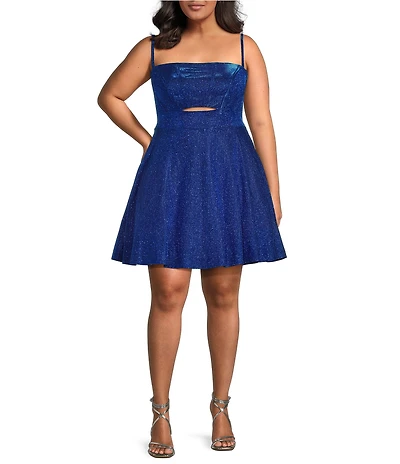 City Vibe Plus Size Glitter Spaghetti Strap Cutout Skater Dress