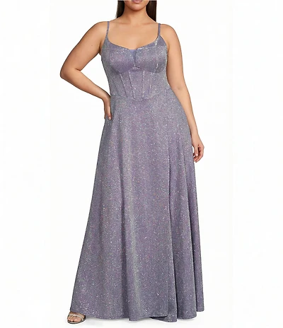 City Vibe Plus Size Metallic Corset Bodice Lace Up Back Side Slit Dress