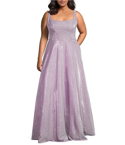 City Vibe Plus Size Metallic Square Neck Corseted Tie Back Ballgown