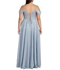 City Vibe Plus Size Off The Shoulder Drape Neck Applique Illusion Waist Side Slit Ballgown
