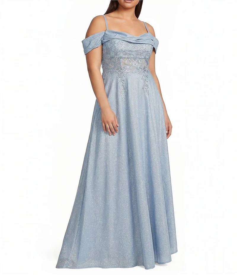 City Vibe Plus Size Off The Shoulder Drape Neck Applique Illusion Waist Side Slit Ballgown