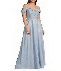 City Vibe Plus Size Off The Shoulder Drape Neck Applique Illusion Waist Side Slit Ballgown