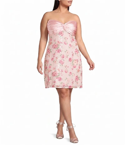 City Vibe Plus Size Pleated Twist Front Strapless Floral Printed Sequin A-Line Dress