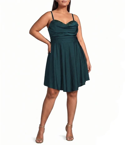 City Vibe Plus Size Satin Sweetheart Neck Pleated A-Line Dress