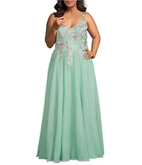 City Vibe Plus Size Sleeveless Embroidered Applique Mesh V-Neck Lace Up Back Ballgown