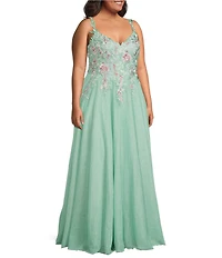 City Vibe Plus Size Sleeveless Embroidered Applique Mesh V-Neck Lace Up Back Ballgown