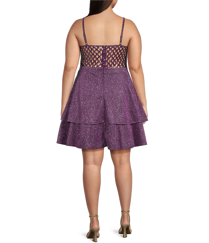 City Vibe Plus Size Straight Neck Princess Seamed Cage Back Contrast Lace Dress