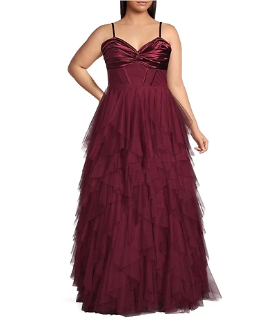 City Vibe Plus Size Strapless Bandeau Twist Front Corseted Bodice Ruffle Layered Long Dress