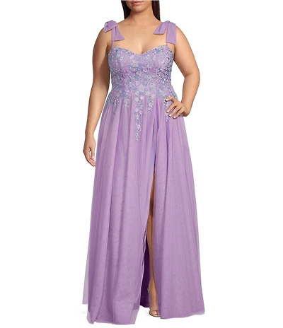 City Vibe Plus Sweetheart Neck Spaghetti Tie Straps Embroidered Applique Bodice Side Slit Gown