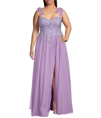 City Vibe Plus Sweetheart Neck Spaghetti Tie Straps Embroidered Applique Bodice Side Slit Gown