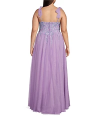 City Vibe Plus Sweetheart Neck Spaghetti Tie Straps Embroidered Applique Bodice Side Slit Gown