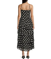 City Vibe Polka Dot Bandeau Bodice Spaghetti Strap Rosette Front High-Low Ruffled Tiered Dress