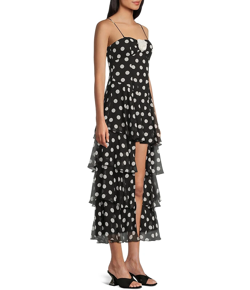 City Vibe Polka Dot Bandeau Bodice Spaghetti Strap Rosette Front High-Low Ruffled Tiered Dress